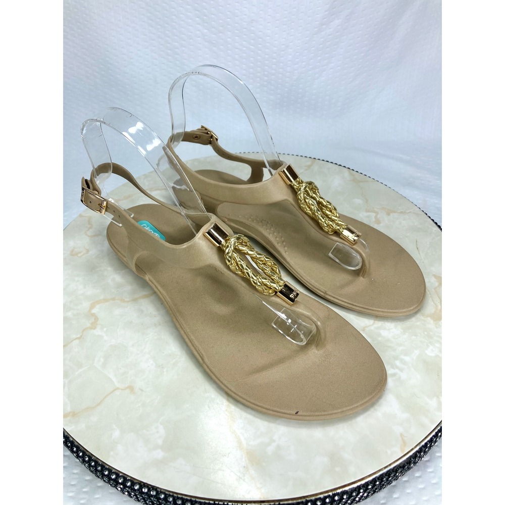 Oka-B Gold Knot T-Strap Slingback Jelly Sandals Women 8 Beige Coastal Beach Chic